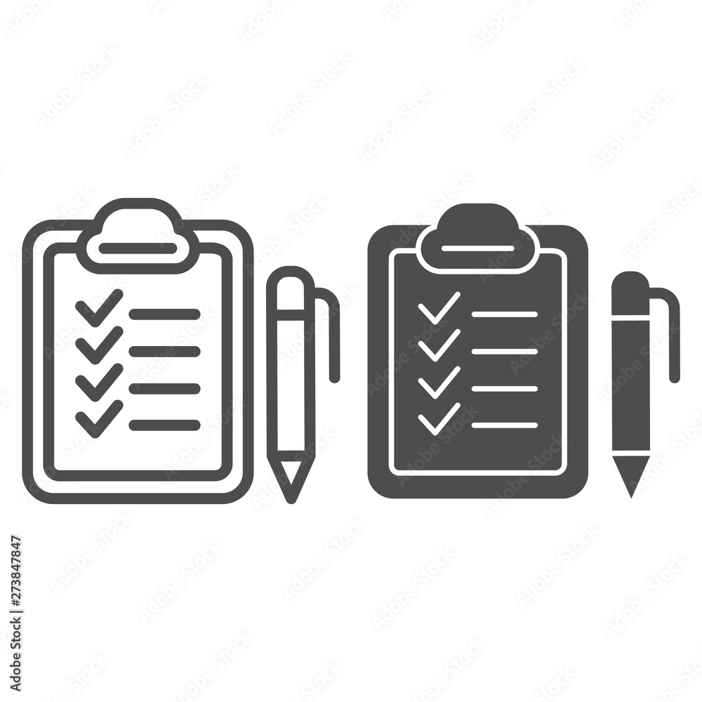 Poster checkboard and pen line and glyph icon. checklist with pen vector illustration isolated on white. no