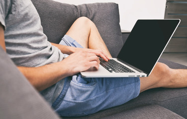 Naklejka premium The young man is sitting on the sofa and working with laptop
