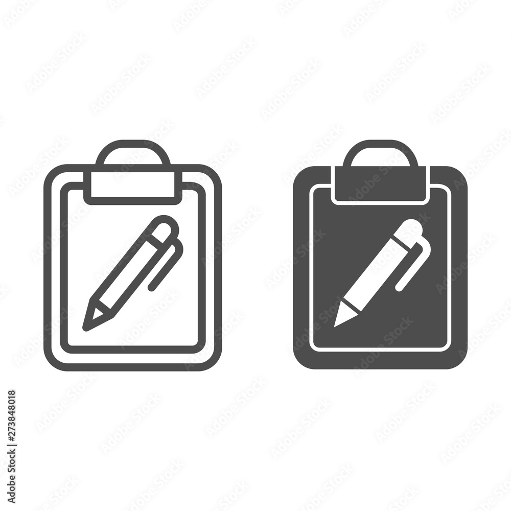 Poster clipboard and pen line and glyph icon. document with pen vector illustration isolated on white. note