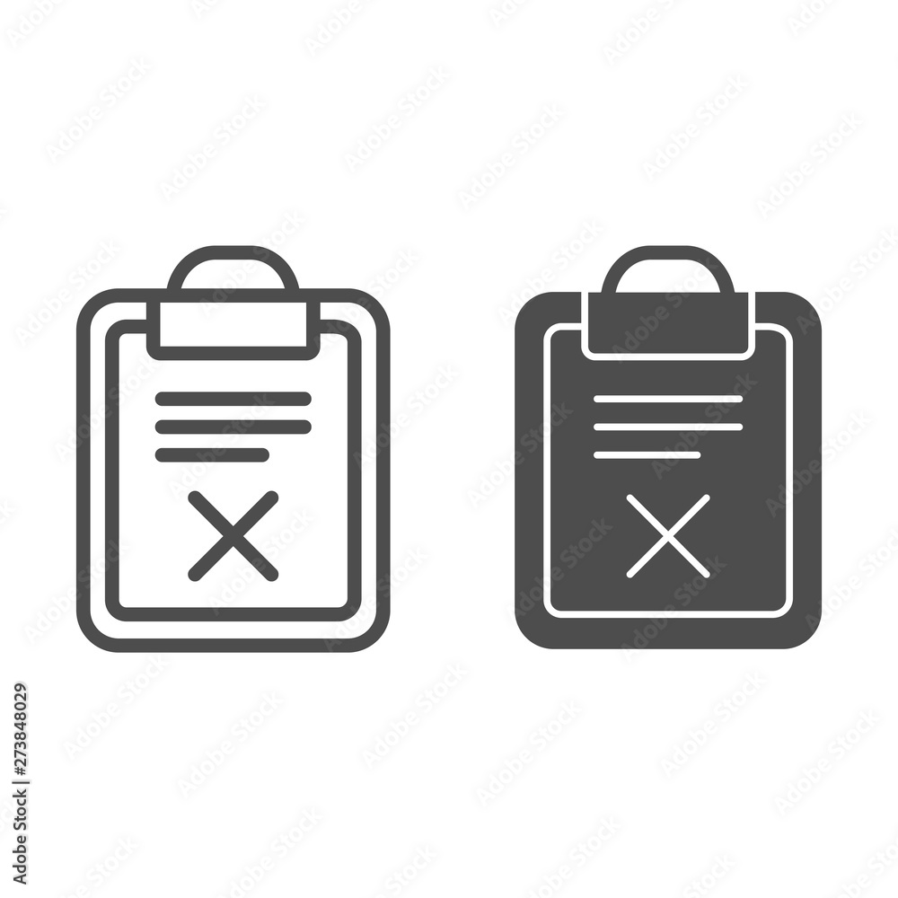 Poster list fail line and glyph icon. document with cross vector illustration isolated on white. paper reje