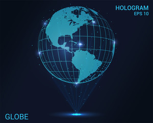 Naklejka premium Hologram globe. A holographic projection of the planet earth. Flickering energy flux of particles. The scientific design of the space.