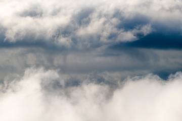 Dark stormy rain clouds in the sky. Dramatic rain cloud background without land, bad weather