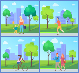 People going in urban park, family leisure outdoor, running man, walking couple, woman on bicycle, weekend of male and females in casual clothes vector