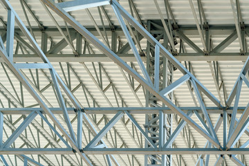 Warehouse metal roofing, Large steel roof structure, bottom view with commercial factory building roof