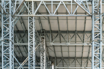 Warehouse metal roofing, Large steel roof structure, bottom view with commercial factory building roof