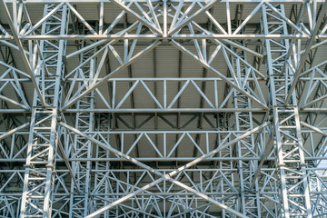 Warehouse metal roofing, Large steel roof structure, bottom view with commercial factory building roof
