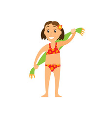 Child in swimsuit holding towel on back, portrait and full length view of smiling girl with flower in hair, brunette woman on summer vacation vector