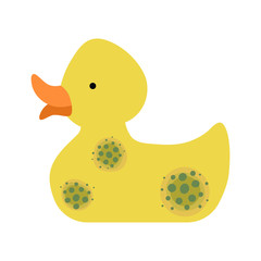 Rubber baby duck with mold. Flat on a white background.