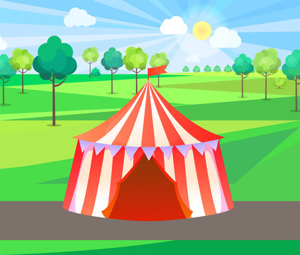Fine weather at amusement park vector, tent with stripes decorated with flags, spring entertainment and relaxation. Place to see tricks, circus in forest