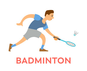 Badminton player vector, male holding racket trying to hit flying light ball. Person leading active lifestyle isolated man wearing summer clothes