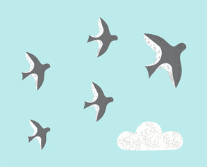 Birds with grey plumage vector, swallows symbolizing spring and warmth of summer, flock of characters flying above on blue sky with cloud flat style
