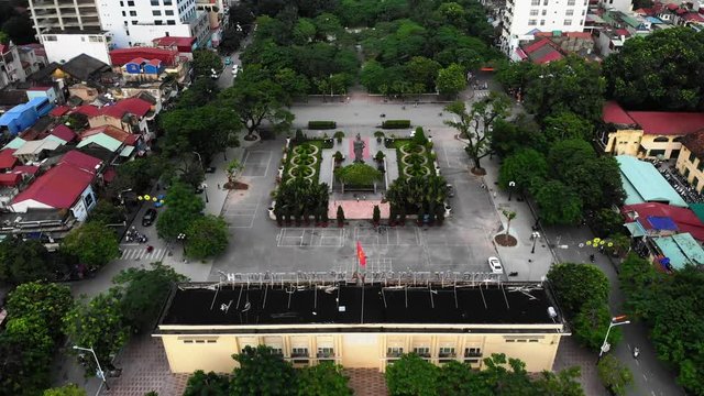 Central Hai Phong Cityscape And Park Aerial View, Vietnam Drone Shot