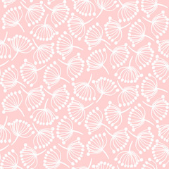 Fototapeta na wymiar Cute tender pink summer floral seamless pattern with doodle white abstract dandelions. Trendy coral color hand drawn flowers texture for textile, wrapping paper, surface, wallpaper, background