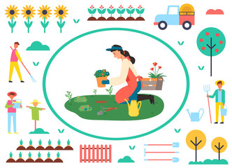 Woman planting flowers vector, farmer in frame, tractor and tree with apples, male with rake, sunflower plantation and fence, scarecrow farming