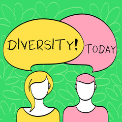 Conceptual hand writing showing Diversity. Concept meaning Being Composed of different elements Diverse Variety Multiethnic Faces of Male and Female Colorful Speech Bubble Overlaying