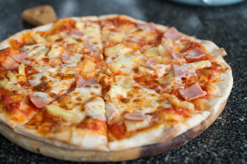 Pizza Carbonare with pineapple, becon