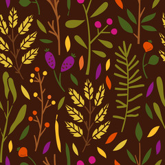 Herbal seamless pattern. Vector background with botanical elements, plants and florals. Autumn leaves print