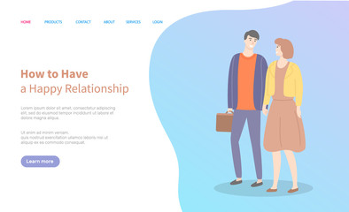 Male and female in love, lady in dress, people in casual cloth walking and flirting. Man and woman holding hands vector couple. Website or webpage template, landing page flat style