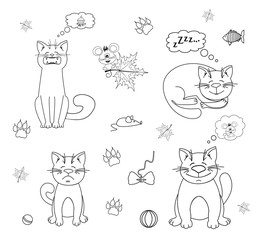 Cute cartoon cat and mouse icons. Black and white vector illustration.