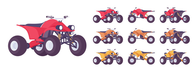 ATV transport set. All terrain motorized vehicle, off highway four wheeler for dunes, trails or track. Vector flat style cartoon illustration isolated on white background, different views and color © andrew_rybalko