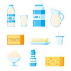 Set of dairy products flat icon isolated on white background. Vector illustration.