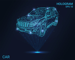 Hologram car. Holographic projection of the car. Flickering energy flux of particles. Scientific transport design.