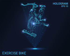 Obraz na płótnie Canvas A hologram is an exercise bike. Holographic projection exercise bike. Flickering energy flux of particles. The scientific design of the sport.