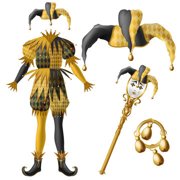 Medieval jester costume elements, checkered, black and yellow colors hat with bells, golden scepter with crying fool or clown face and tambourine 3d realistic vector isolated on white background