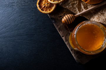  Natural honey. Honey, golden liquid natural floral honey.