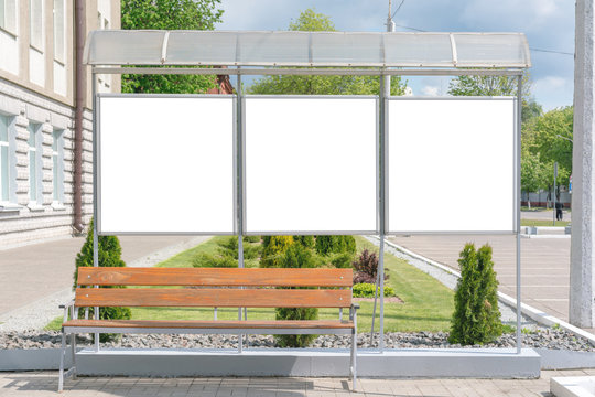 triple frame signboard with empty white advertising space, three empty posters for placing portraits of the best employees of company or office