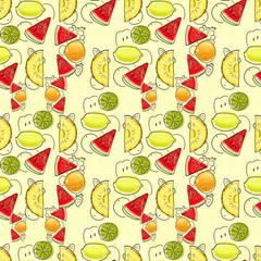 Hand drawn seamless pattern with bananas, lime, lemon and watermelon.