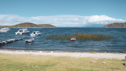 Boats of sun island in lake titicaca in Copacabana, Bolivia