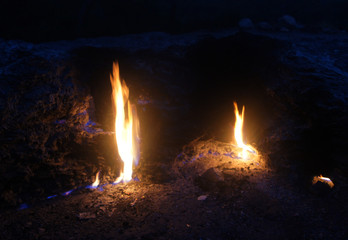 Chimera lights in Turkey. Gas burns out of the ground at night.