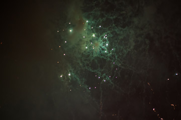 Explosive and colorful holiday fireworks at night sky.