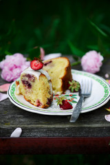Sour cream band cake with strawberries.style vintage