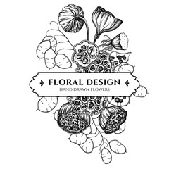 Floral bouquet design with black and white feather grass, lotus, lunaria