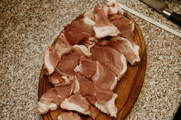 chop meat, pork, sliced.  looks juicy and appetizing. selective focus