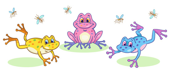 Naklejka premium Three colorful frogs in cartoon style sit and jump on white background. Vector illustration.