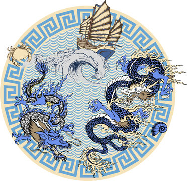 Design of asian dragon and sea wave. Vector illustration. Suitable for fabric, wrapping paper and the like