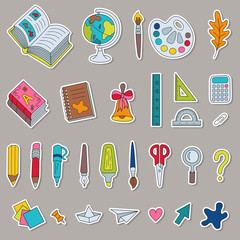Set of Cartoon Stickers Colored School Stationery.