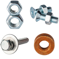 Collage of screws and bolts on white background
