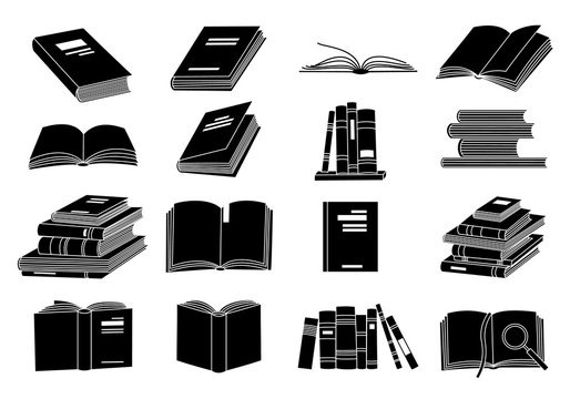 Open books black silhouettes. Book reading icons vector illustration isolated on white for library logo or education symbol.