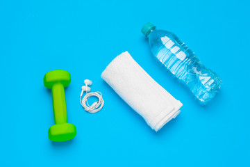 concept preparing to fitness sports equipment top view