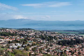 Fototapeta na wymiar Israel, Rosh Pinna, view of the Hula Valley, Golan Heights and Mount Hermon.