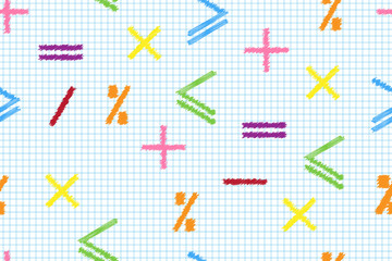 Mathematical seamless pattern of multi-colored math signs on a stripe-lined sheet, concept of education or business