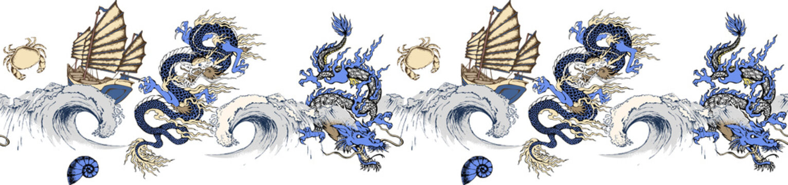 Border Of Asian Dragon And Sea Wave. Vector Illustration. Suitable For Fabric, Wrapping Paper And The Like