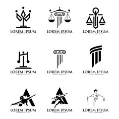 Law office symbols set with scales of justice, gavel etc illustrations. Vector attorney, advocate labels etc