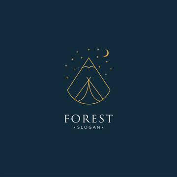 monoline forest, mountain and wave logo icon vector