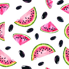 Watercolor seamless pattern with the image of a watermelon. Juicy pulp and seeds for print design, banner, poster, cover, invitations, greetings, weddings, advertisements