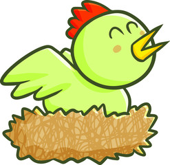 Cute and funny little green bird on it's nest